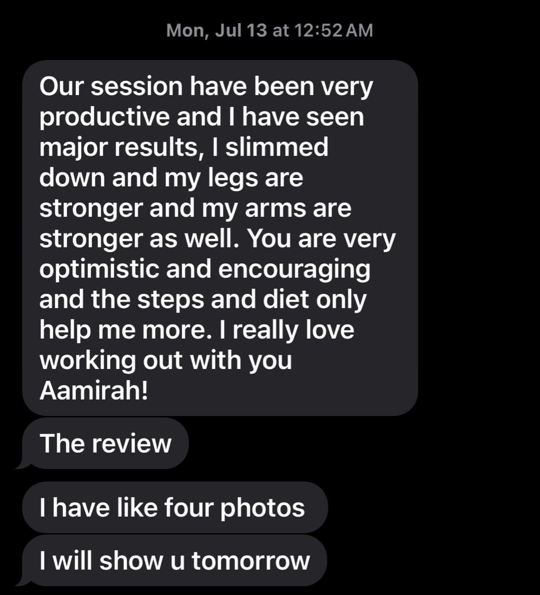 Client review: major results, slimmed down, legs and arms stronger — I really love working out with you Aamirah